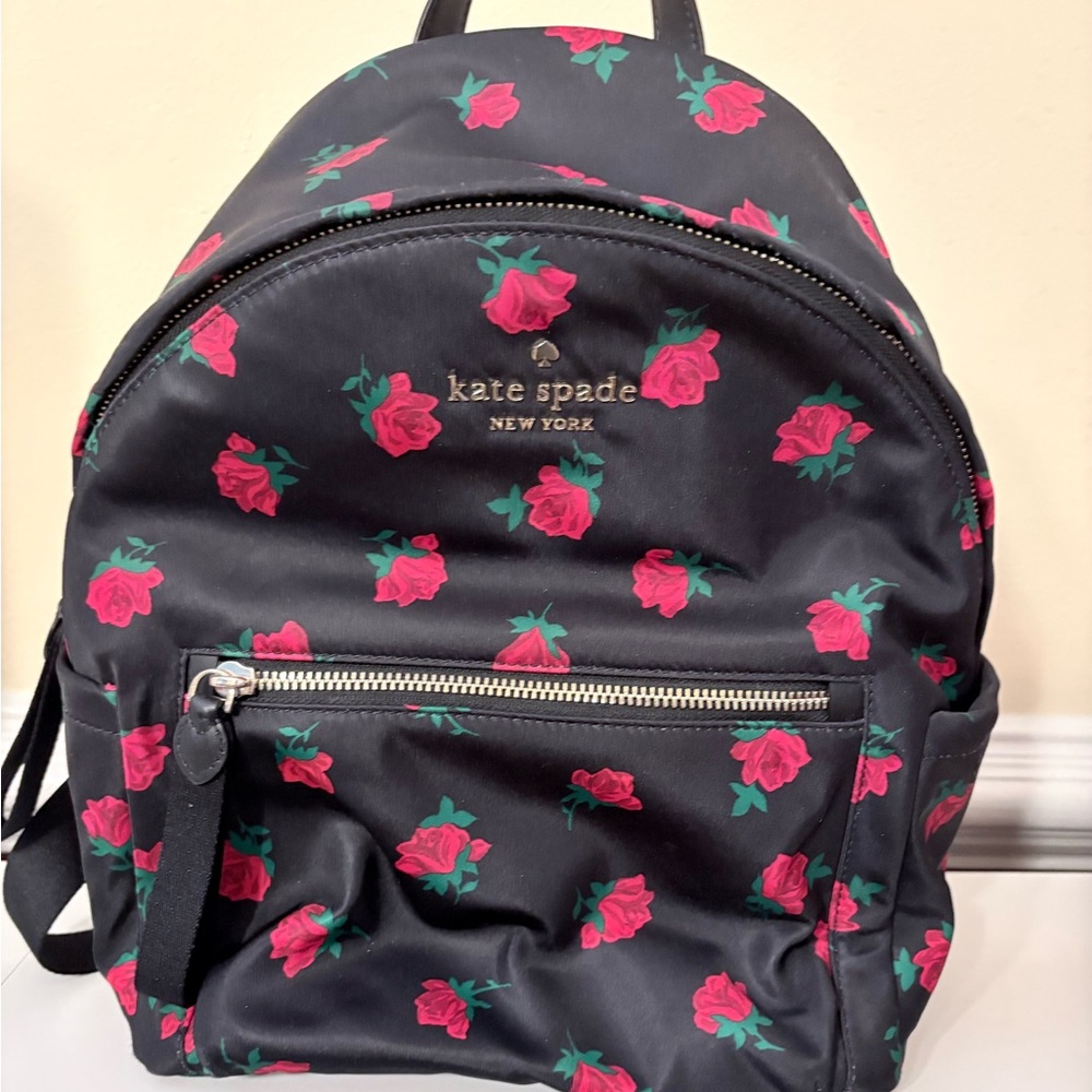 Kate Spade Black Backpack with Red Floral Design